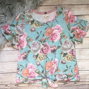 Cupio Woman's Floral Blue Pink Tie Shirt